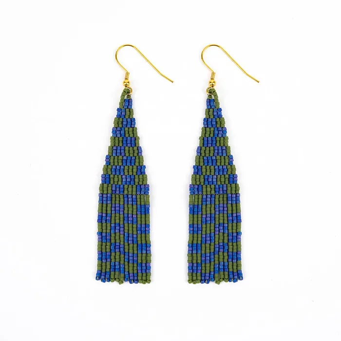 Earrings Blue Green Delica Checkerboard Fringe Earrings Altiplano