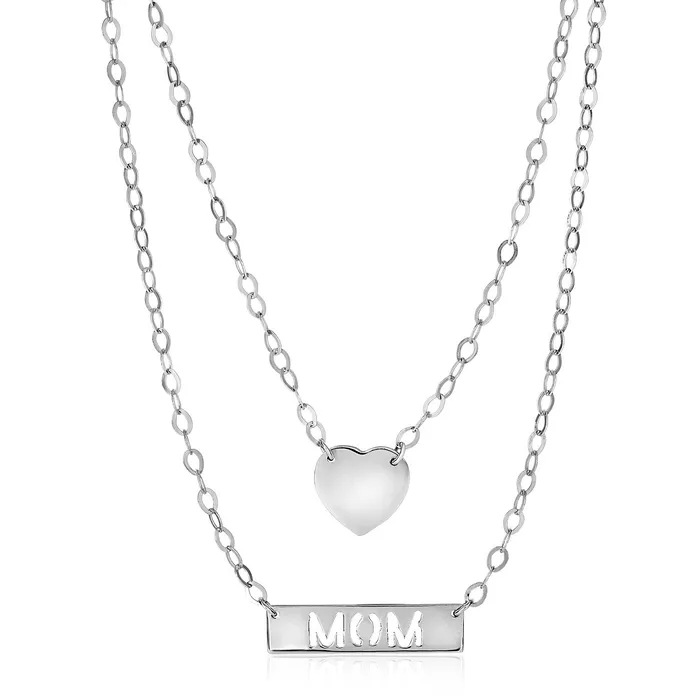 MayaMila Necklaces Sterling Silver 18 inch Two Strand Necklace with Heart and Mom Charms MayaMila Necklaces Sterling Silver 18 inch Two Strand Necklace with Heart and Mom Charms