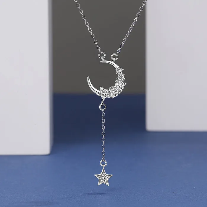 Mystic Flavia Necklaces Moon Star White Zircon Studded Silver Necklace