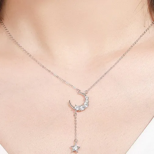 Mystic Flavia Necklaces Moon Star White Zircon Studded Silver Necklace