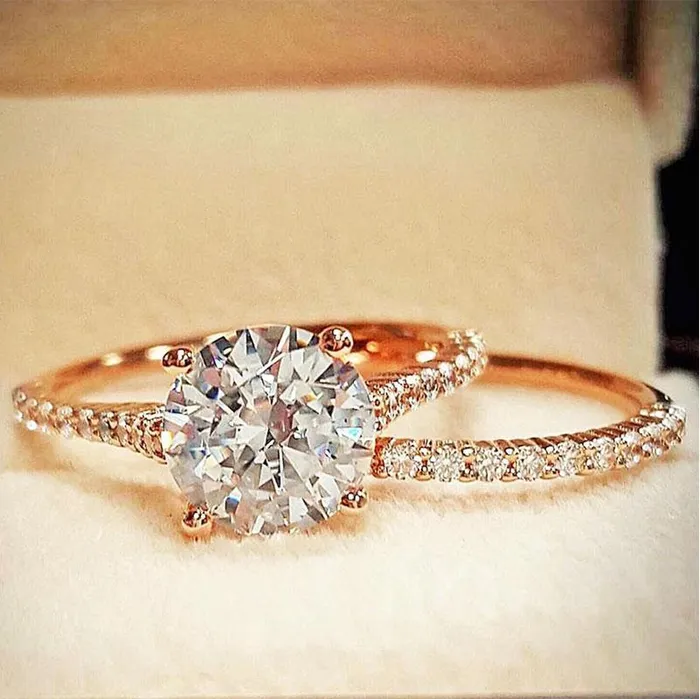 Rings Shineofidamond Rose Golden Tone Classic 4 Prong Round Cut Sterling Silver Bridal Set Rings Shineofidamond Rose Golden Tone Classic 4 Prong Round Cut Sterling Silver Bridal Set