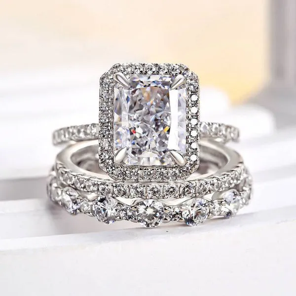 Shineofidamond Rings 3PC Gorgeous Halo Radiant Cut Bridal Set In Sterling Silver Shineofidamond Rings 3PC Gorgeous Halo Radiant Cut Bridal Set In Sterling Silver