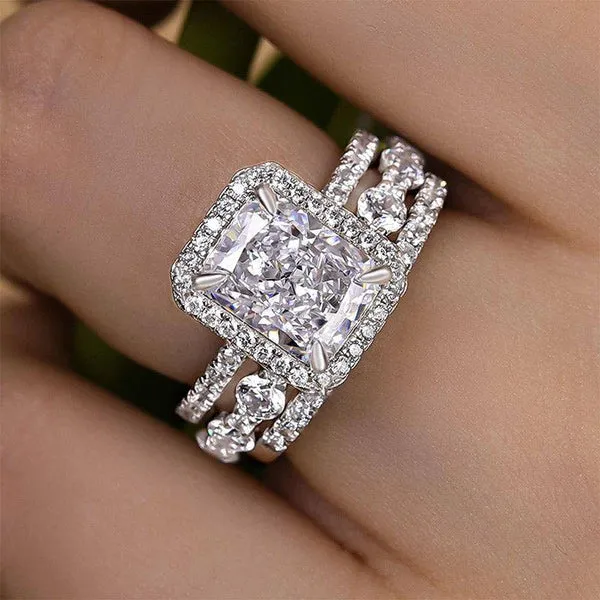 Shineofidamond Rings 3PC Gorgeous Halo Radiant Cut Bridal Set In Sterling Silver