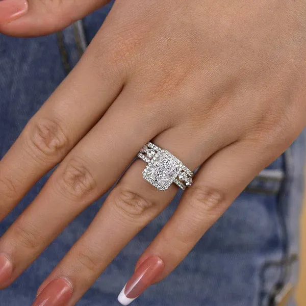 Shineofidamond Rings 3PC Gorgeous Halo Radiant Cut Bridal Set In Sterling Silver