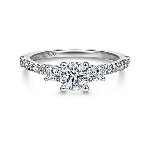 14K White Gold Round Three Stone Diamond Engagement Ring GABRIEL CO Rings