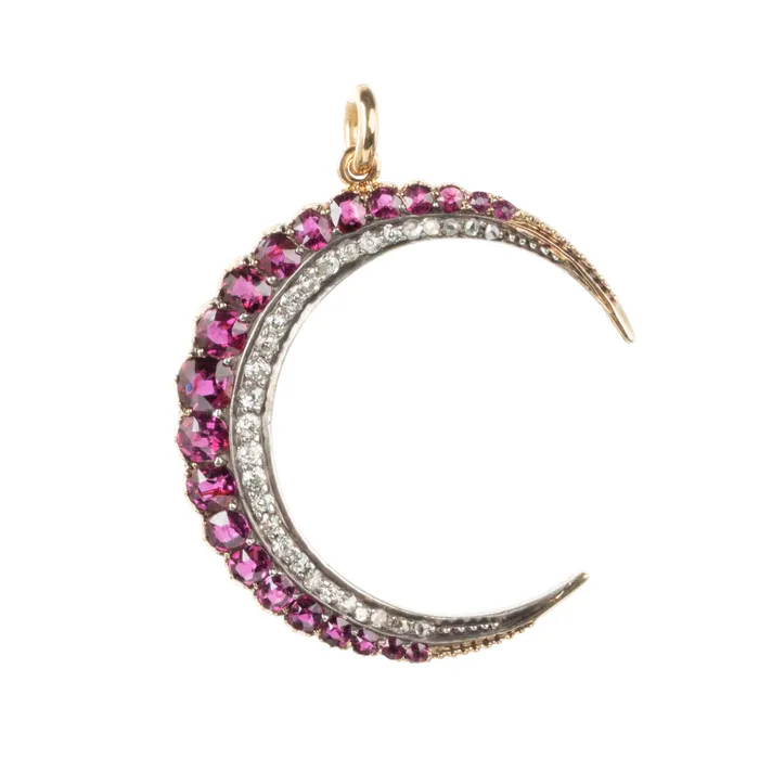 Bell Bird Antiques Victorian Era Ruby Crescent Moon Pendant Necklaces