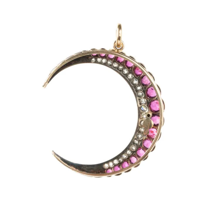 Bell Bird Antiques Victorian Era Ruby Crescent Moon Pendant Necklaces