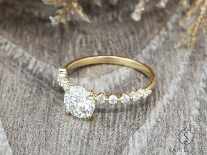 Juliet 10 Ct Round Cut Moissanite Engagement Ring With Marquise Side Stones Sapheena Jewelry Rings