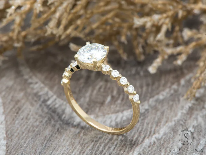 Juliet 10 Ct Round Cut Moissanite Engagement Ring With Marquise Side Stones Sapheena Jewelry Rings