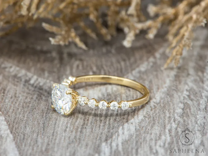 Juliet 10 Ct Round Cut Moissanite Engagement Ring With Marquise Side Stones Sapheena Jewelry Rings