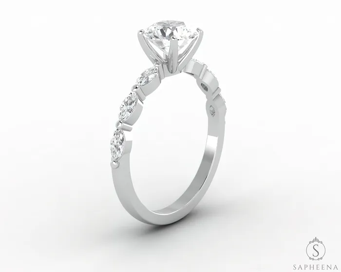Rings Giulia 10 Ct Round Cut Engagement Ring With Marquise Side Stones Sapheena Jewelry