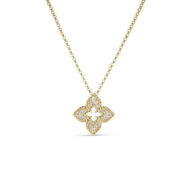 ROBERTO COIN Necklaces 18K YELLOW GOLD VENTIAN PRINCESS SMALL DIAMOND PAVE FLOWER NECKLACE ROBERTO COIN Necklaces 18K YELLOW GOLD VENTIAN PRINCESS SMALL DIAMOND PAVE FLOWER NECKLACE