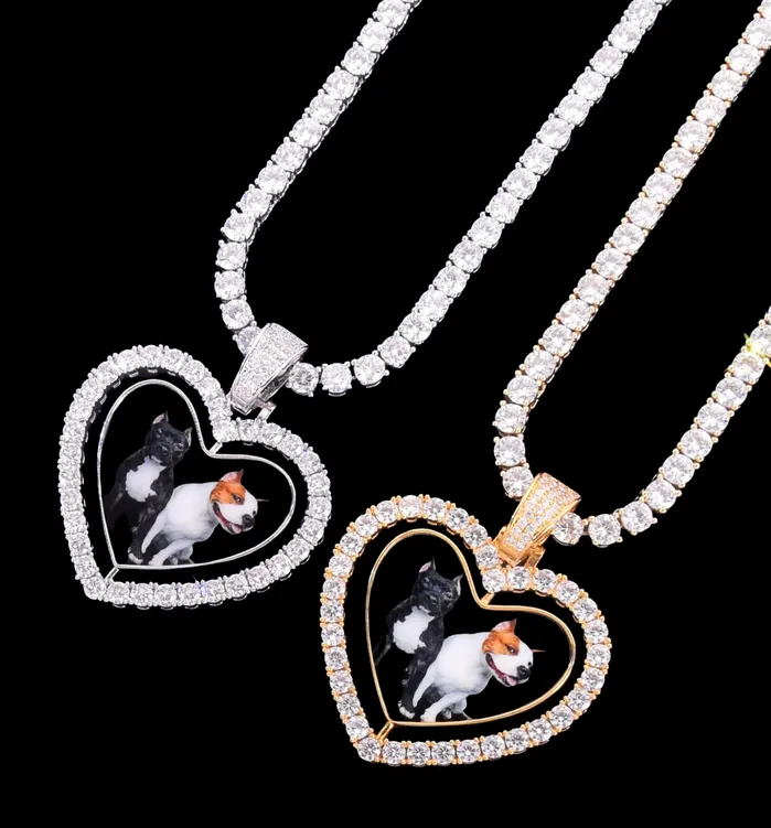 Rotating DoubleSided Heart Tennis Custom Photo Picture Pendant Necklace Rotating Heart Tennis Necklaces