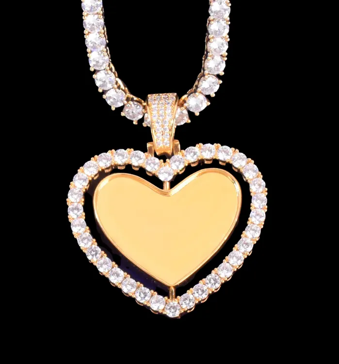 Rotating DoubleSided Heart Tennis Custom Photo Picture Pendant Necklace Rotating Heart Tennis Necklaces