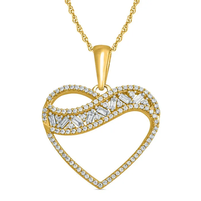 033 CT TW Baguette and Round Natural Diamond Heart Pendant in 10K Yellow Gold Goldia Necklaces 033 CT TW Baguette and Round Natural Diamond Heart Pendant in 10K Yellow Gold Goldia Necklaces