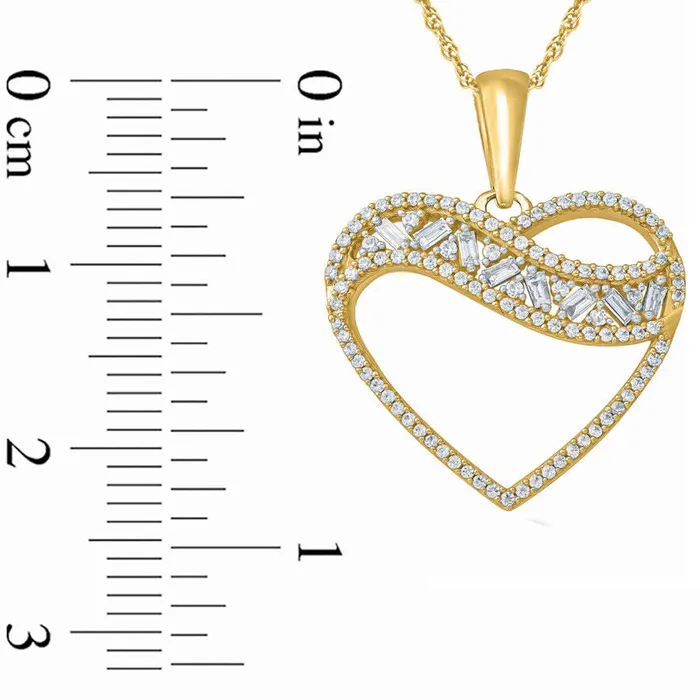 033 CT TW Baguette and Round Natural Diamond Heart Pendant in 10K Yellow Gold Goldia Necklaces 033 CT TW Baguette and Round Natural Diamond Heart Pendant in 10K Yellow Gold Goldia Necklaces