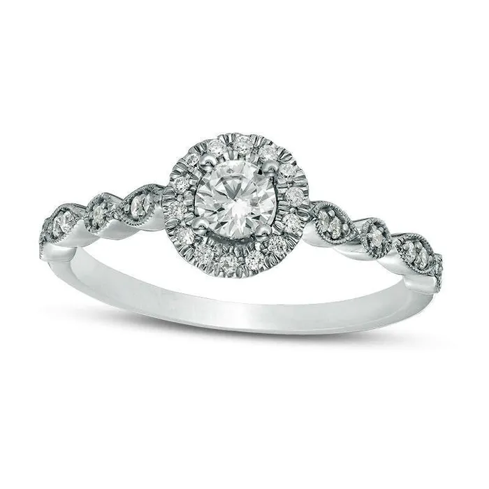 038 CT TW Natural Diamond Frame Alternating Shaped Shank Antique VintageStyle Engagement Ring in Solid 14K White Gold Goldia Rings 038 CT TW Natural Diamond Frame Alternating Shaped Shank Antique VintageStyle Engagement Ring in Solid 14K White Gold Goldia Rings