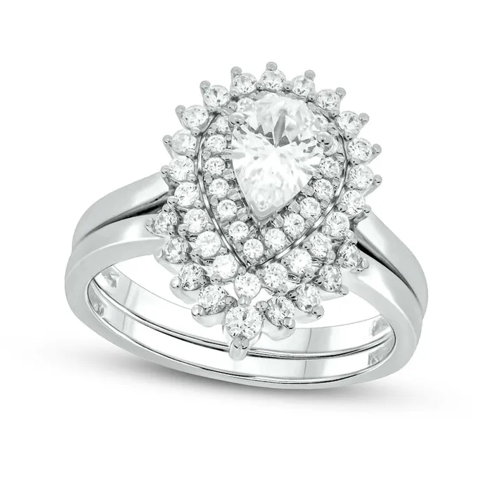 10 CT TW PearShaped Natural Diamond Sunburst Contour Bridal Engagement Ring Set in Solid 14K White Gold II2 Goldia Rings 10 CT TW PearShaped Natural Diamond Sunburst Contour Bridal Engagement Ring Set in Solid 14K White Gold II2 Goldia Rings
