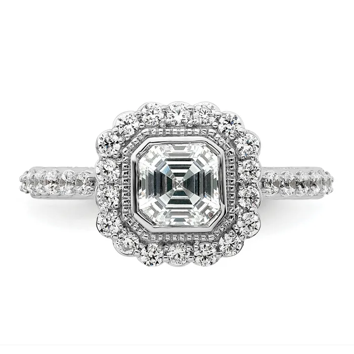 100ct CZ Solid Real 14k White Polish Halo 1ct Asscher Bezel Dia Ring Goldia Rings
