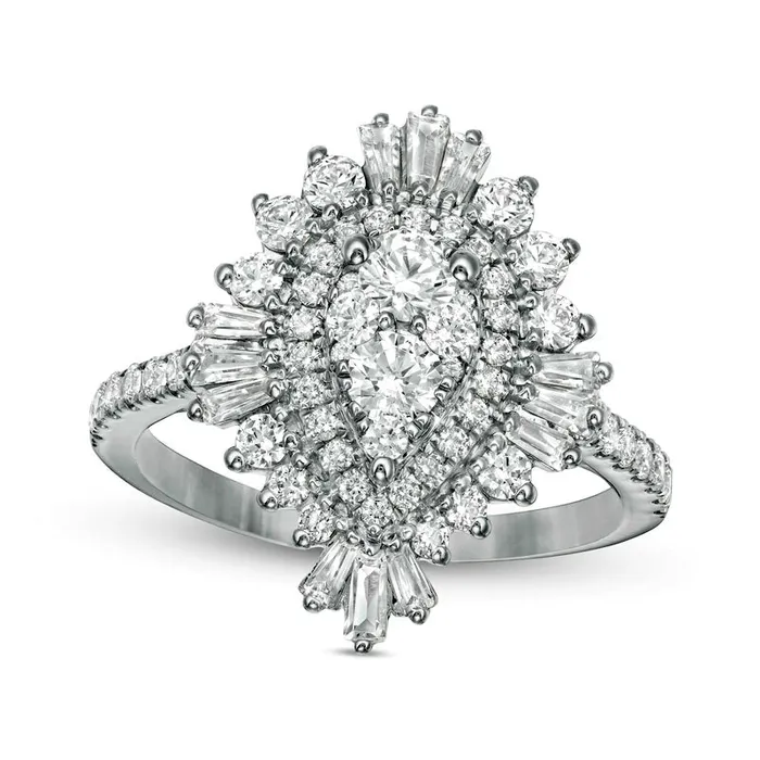 15 CT TW Composite Natural Diamond Teardrop Starburst Frame Ring in Solid 14K White Gold Goldia Rings 15 CT TW Composite Natural Diamond Teardrop Starburst Frame Ring in Solid 14K White Gold Goldia Rings