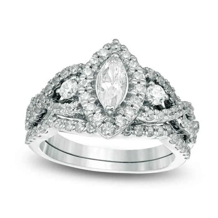 15 CT TW Marquise Natural Diamond Frame Twist Bridal Engagement Ring Set in Solid 10K White Gold Goldia Rings 15 CT TW Marquise Natural Diamond Frame Twist Bridal Engagement Ring Set in Solid 10K White Gold Goldia Rings
