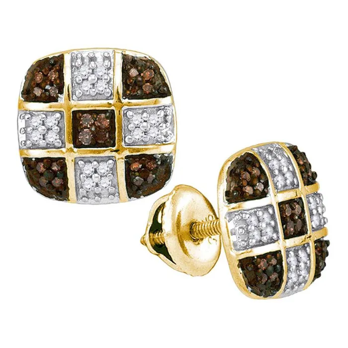 10k Yellow Gold Brown Diamond Checkered Square Earrings 14 Cttw gndatlanta Earrings 10k Yellow Gold Brown Diamond Checkered Square Earrings 14 Cttw gndatlanta Earrings