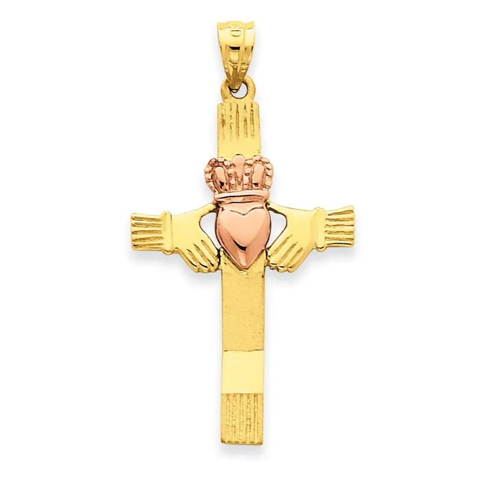 14k Rose Gold Twotone Gold Claddagh Cross Pendant Goldia Rings