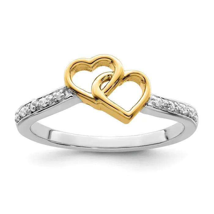 14k TwoTone Gold Polished Double Heart Real Diamond Ring Goldia Rings