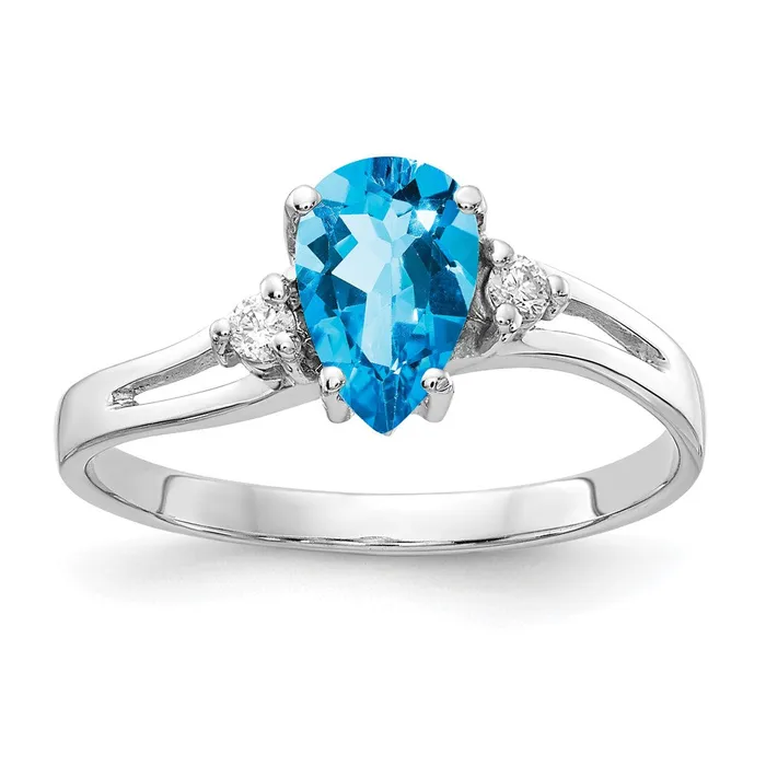 14k White Gold 7x5mm Pear Blue Topaz VS Diamond ring Goldia Rings