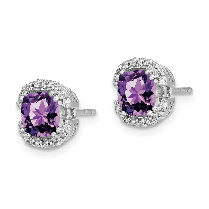 14k White Gold Cushion Amethyst and Real Diamond Halo Earrings Goldia Earrings