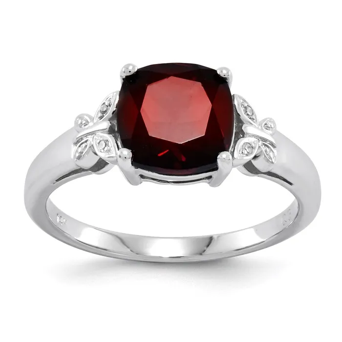 14k White Gold Real Diamond and Garnet Square Ring Goldia Rings