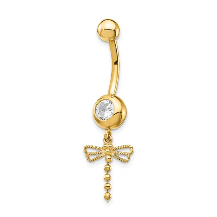 14k Yellow Gold 14 Gauge CZ Dragonfly Dangle Belly Ring Goldia Rings