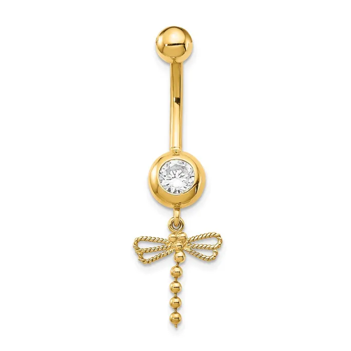 14k Yellow Gold 14 Gauge CZ Dragonfly Dangle Belly Ring Goldia Rings