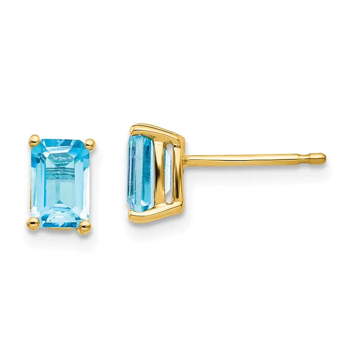 14k Yellow Gold 6x4mm Emerald Cut Blue Topaz Earrings Goldia Earrings