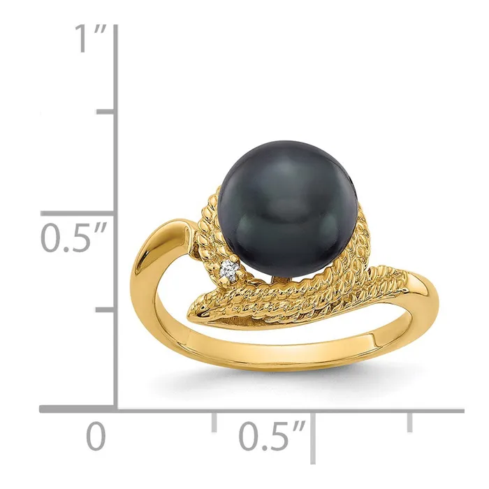 14K Yellow Gold 85mm Black FW Cultured Pearl AA Real Diamond ring Goldiacom Rings