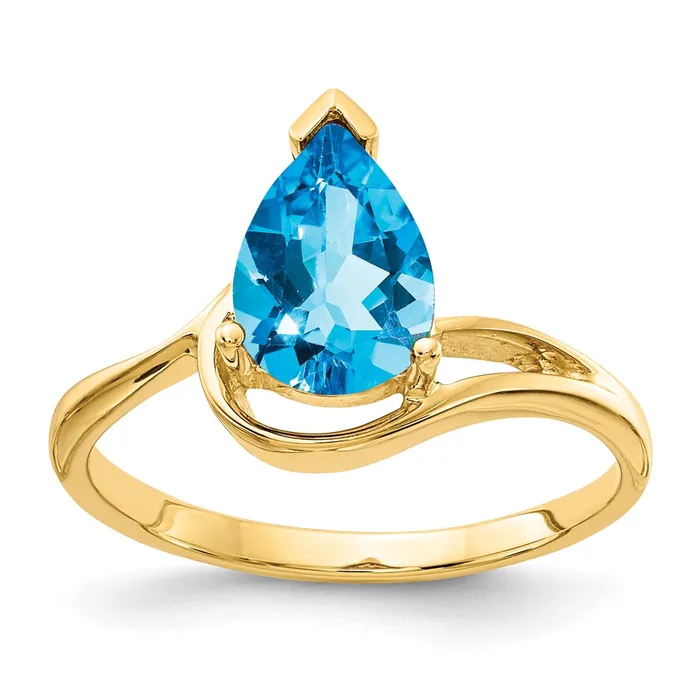 14K Yellow Gold 9x6mm Pear Blue Topaz ring Goldia Rings