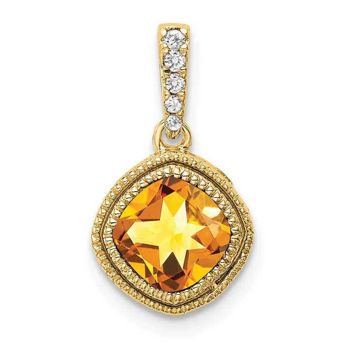 14K Yellow Gold Cushion Citrine and Real Diamond Pendant Goldia Necklaces