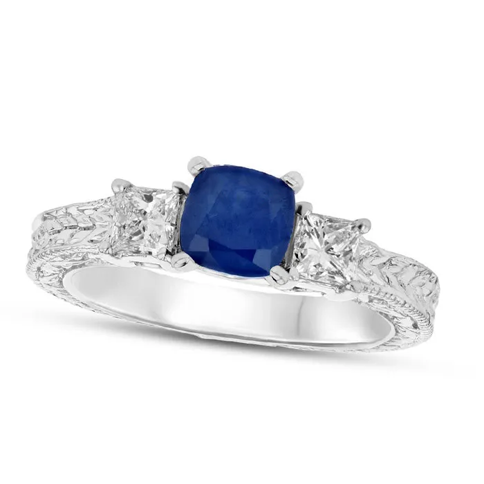 50mm CushionCut Blue Sapphire and 038 CT TW PrincessCut Natural Diamond Three Stone Engagement Ring in Solid 14K White Gold Goldia Rings 50mm CushionCut Blue Sapphire and 038 CT TW PrincessCut Natural Diamond Three Stone Engagement Ring in Solid 14K White Gold Goldia Rings