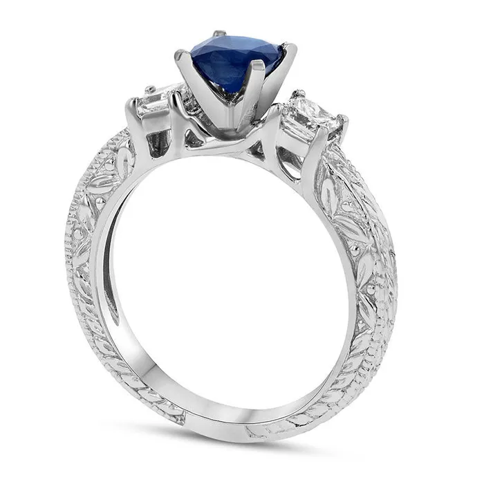 50mm CushionCut Blue Sapphire and 038 CT TW PrincessCut Natural Diamond Three Stone Engagement Ring in Solid 14K White Gold Goldia Rings 50mm CushionCut Blue Sapphire and 038 CT TW PrincessCut Natural Diamond Three Stone Engagement Ring in Solid 14K White Gold Goldia Rings