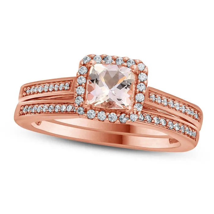 50mm CushionCut Morganite and 020 CT TW Natural Diamond Frame Bridal Engagement Ring Set in Solid 10K Rose Gold Goldia Rings 50mm CushionCut Morganite and 020 CT TW Natural Diamond Frame Bridal Engagement Ring Set in Solid 10K Rose Gold Goldia Rings
