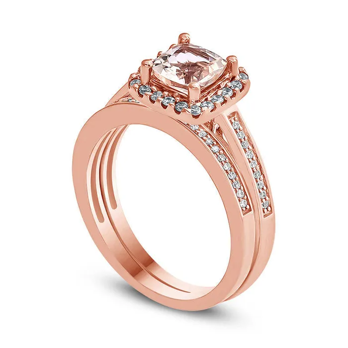 50mm CushionCut Morganite and 020 CT TW Natural Diamond Frame Bridal Engagement Ring Set in Solid 10K Rose Gold Goldia Rings 50mm CushionCut Morganite and 020 CT TW Natural Diamond Frame Bridal Engagement Ring Set in Solid 10K Rose Gold Goldia Rings