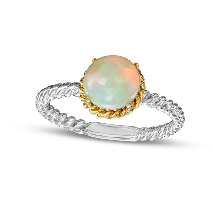 70mm Opal Solitaire RopeTextured Frame and Shank Ring in Sterling Silver and Solid 10K Yellow Gold Goldia Rings 70mm Opal Solitaire RopeTextured Frame and Shank Ring in Sterling Silver and Solid 10K Yellow Gold Goldia Rings