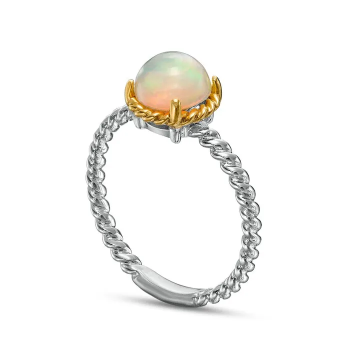 70mm Opal Solitaire RopeTextured Frame and Shank Ring in Sterling Silver and Solid 10K Yellow Gold Goldia Rings 70mm Opal Solitaire RopeTextured Frame and Shank Ring in Sterling Silver and Solid 10K Yellow Gold Goldia Rings