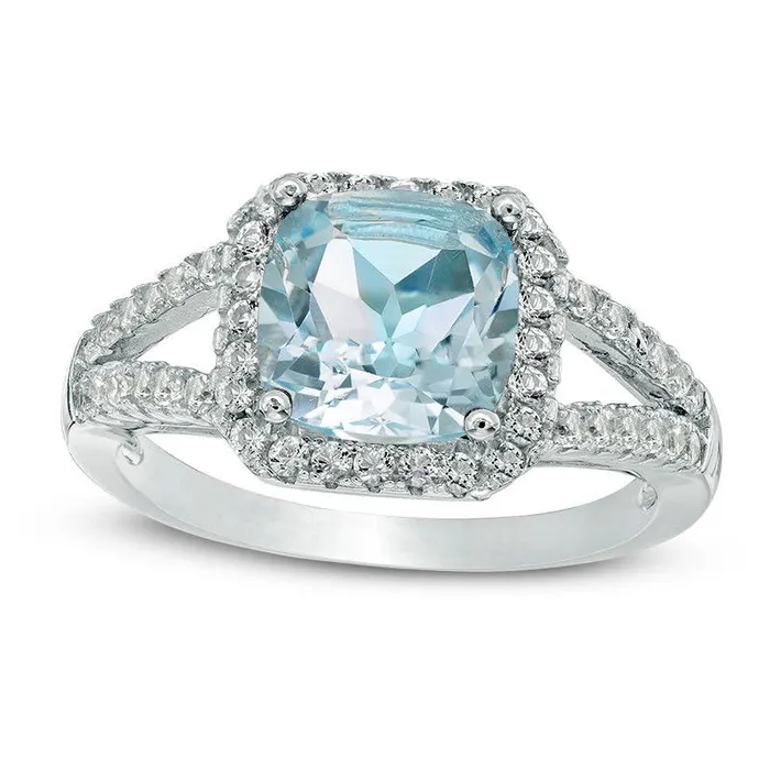 80mm CushionCut Blue and White Topaz Frame Split Shank Ring in Sterling Silver Goldia Rings 80mm CushionCut Blue and White Topaz Frame Split Shank Ring in Sterling Silver Goldia Rings