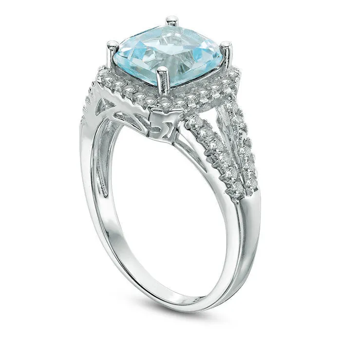 80mm CushionCut Blue and White Topaz Frame Split Shank Ring in Sterling Silver Goldia Rings 80mm CushionCut Blue and White Topaz Frame Split Shank Ring in Sterling Silver Goldia Rings