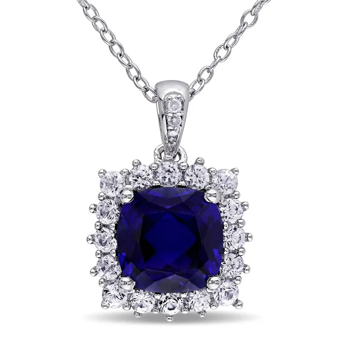 80mm CushionCut LabCreated Blue and White Sapphire and Diamond Accent Frame Pendant in Sterling Silver Goldia Rings 80mm CushionCut LabCreated Blue and White Sapphire and Diamond Accent Frame Pendant in Sterling Silver Goldia Rings