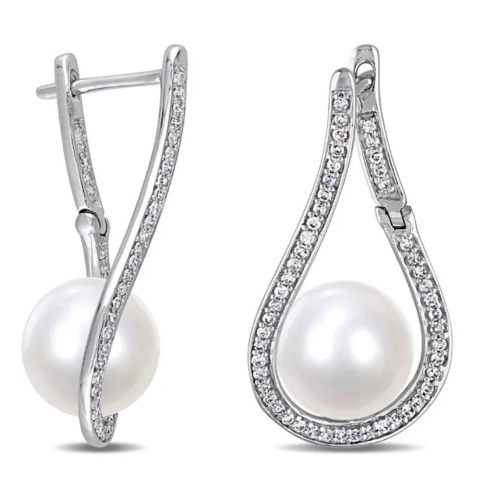 90 95mm Cultured Freshwater Pearl and 033 CT TW Diamond Flame Drop Earrings in 14K White Gold Goldia Earrings 90 95mm Cultured Freshwater Pearl and 033 CT TW Diamond Flame Drop Earrings in 14K White Gold Goldia Earrings