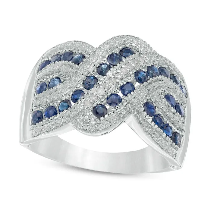 Blue Sapphire and 010 CT TW Natural Diamond Beaded Border MultiRow Crossover Ring in Sterling Silver Goldia Rings Blue Sapphire and 010 CT TW Natural Diamond Beaded Border MultiRow Crossover Ring in Sterling Silver Goldia Rings