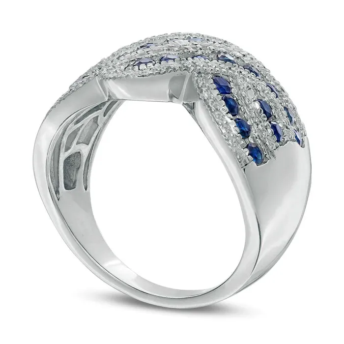 Blue Sapphire and 010 CT TW Natural Diamond Beaded Border MultiRow Crossover Ring in Sterling Silver Goldia Rings Blue Sapphire and 010 CT TW Natural Diamond Beaded Border MultiRow Crossover Ring in Sterling Silver Goldia Rings