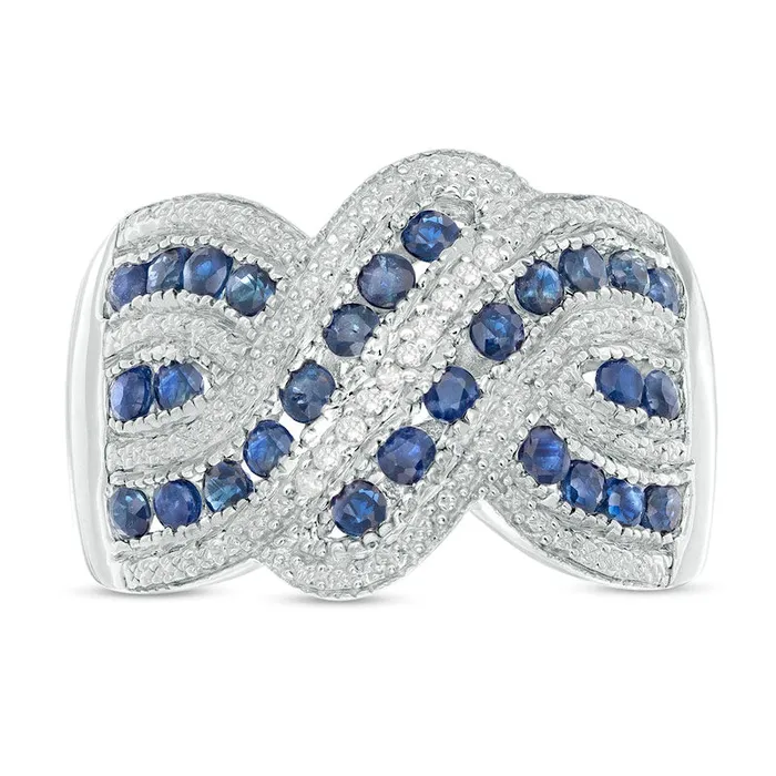 Blue Sapphire and 010 CT TW Natural Diamond Beaded Border MultiRow Crossover Ring in Sterling Silver Goldia Rings Blue Sapphire and 010 CT TW Natural Diamond Beaded Border MultiRow Crossover Ring in Sterling Silver Goldia Rings